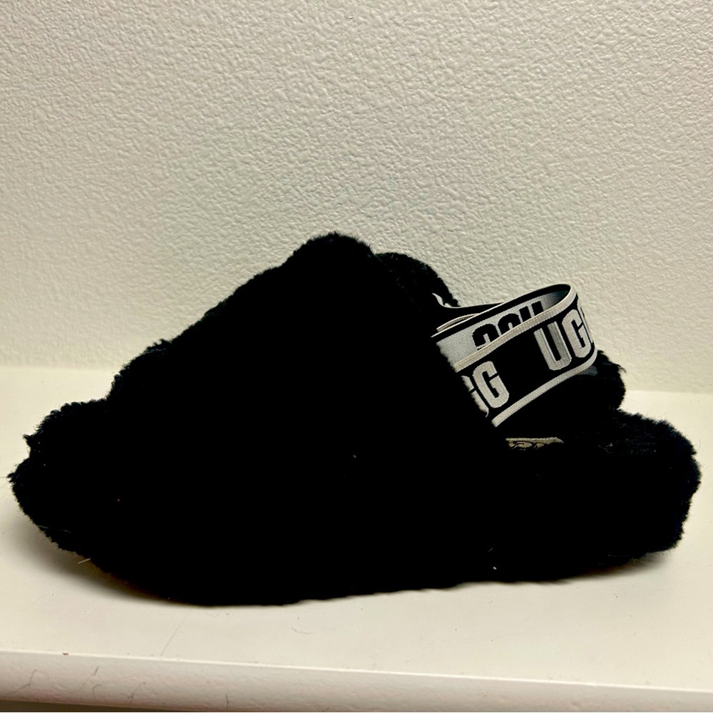 UGG ‘Fluff Yeah’ Black Sheepskin Platform Slide Sandal Women’s Size 7